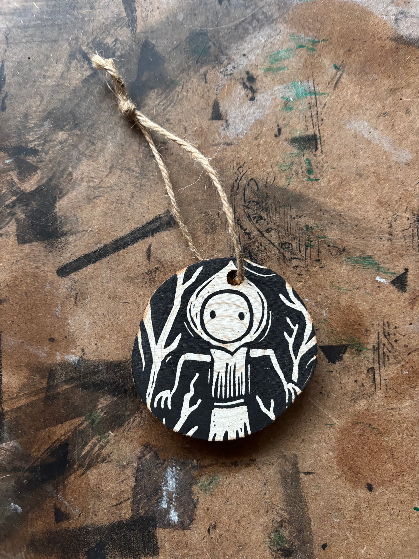 Flatwood monster hand printed ornaments