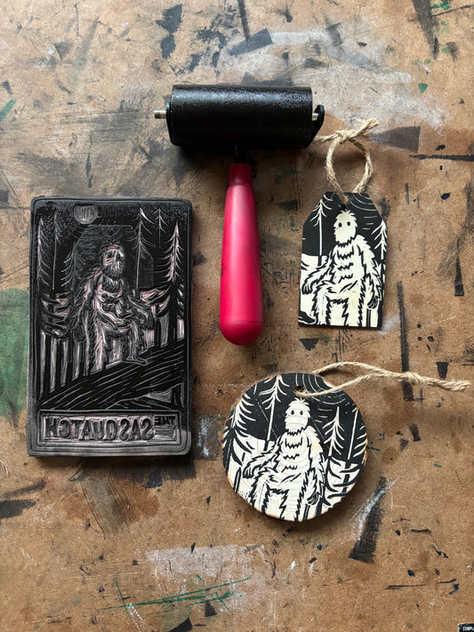 Sasquatch hand printed ornaments
