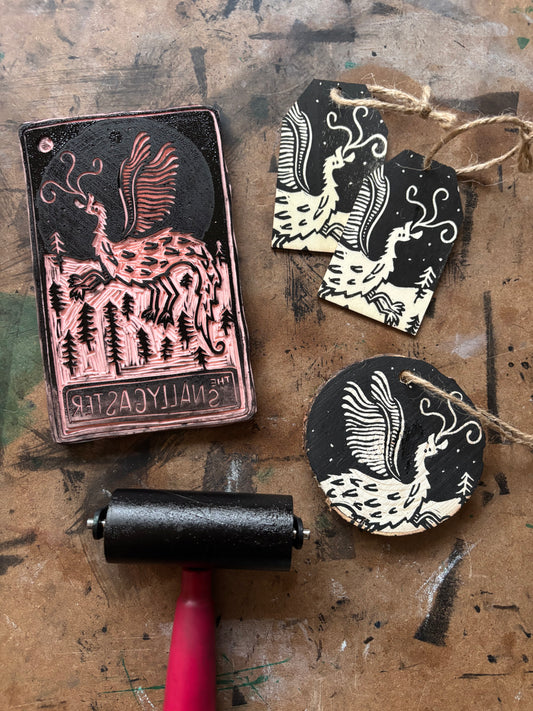 Snallygaster hand printed ornaments