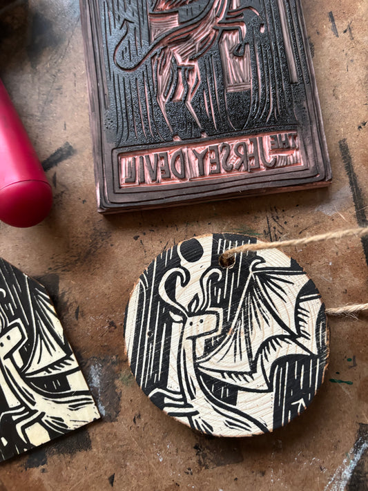 Jersey Devil hand printed ornaments