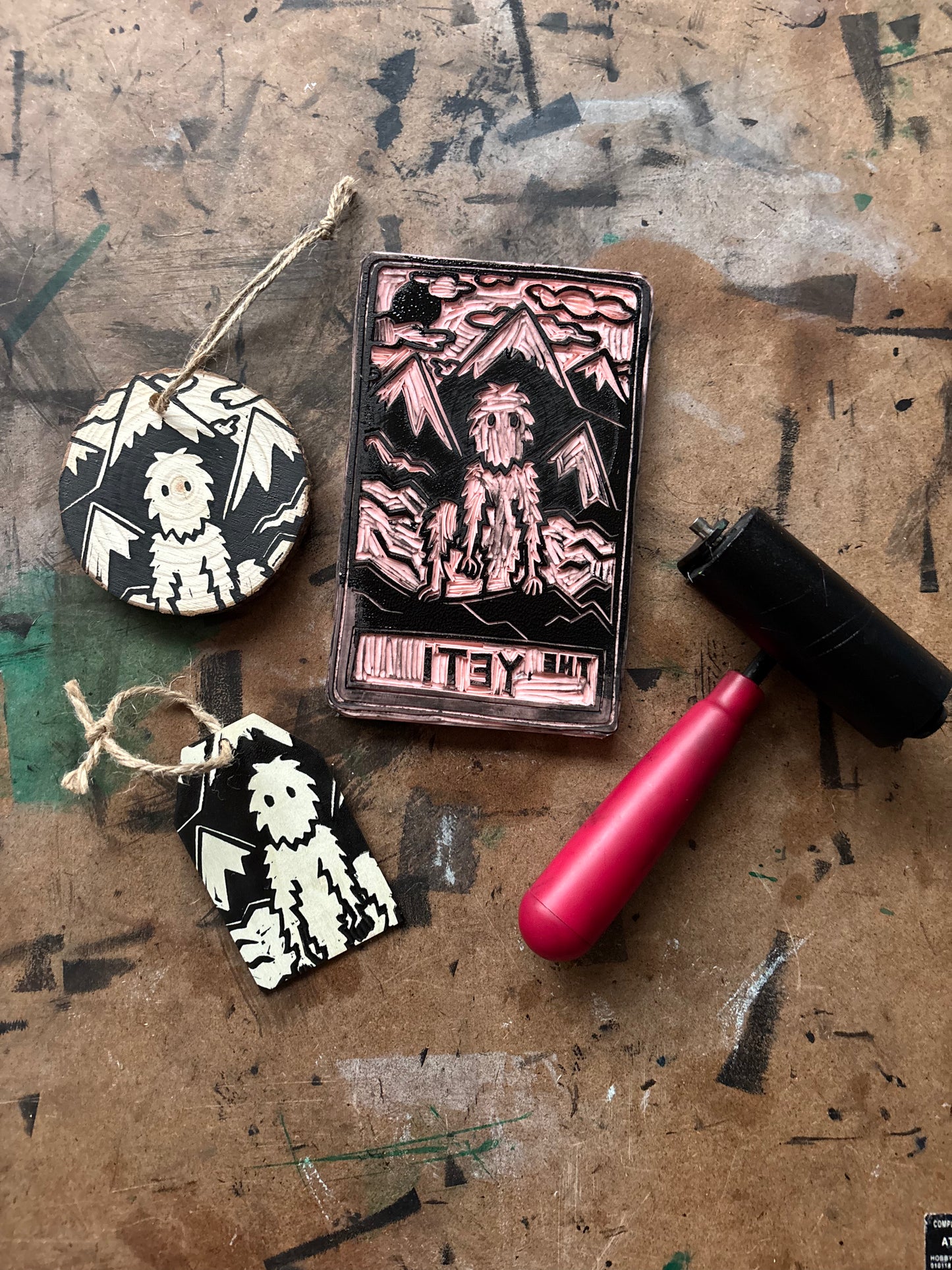 Yeti hand printed ornaments