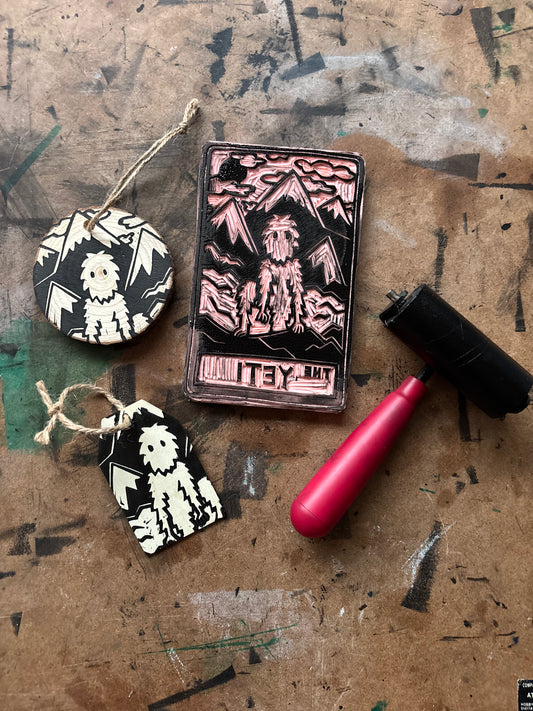 Yeti hand printed ornaments