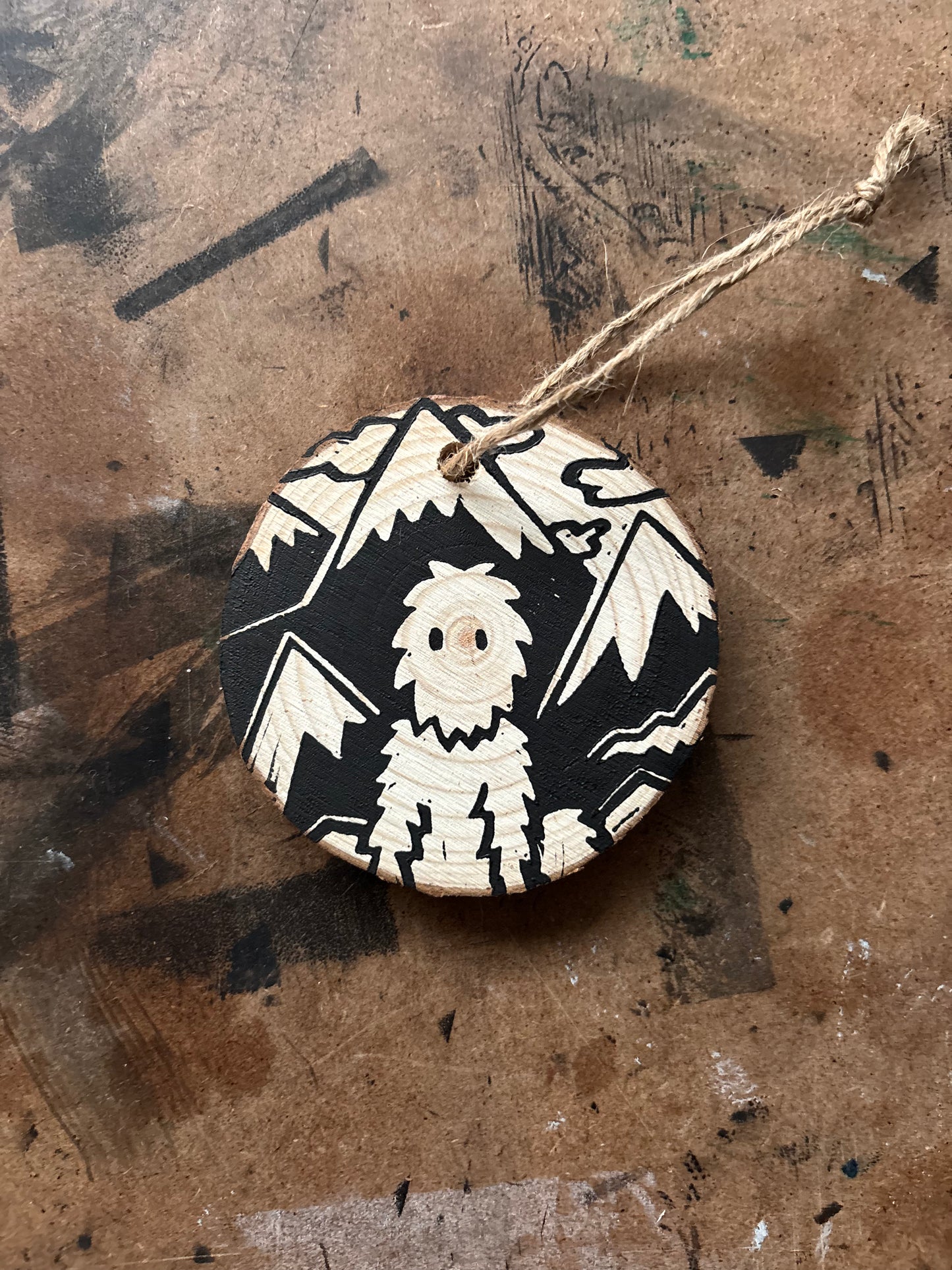 Yeti hand printed ornaments