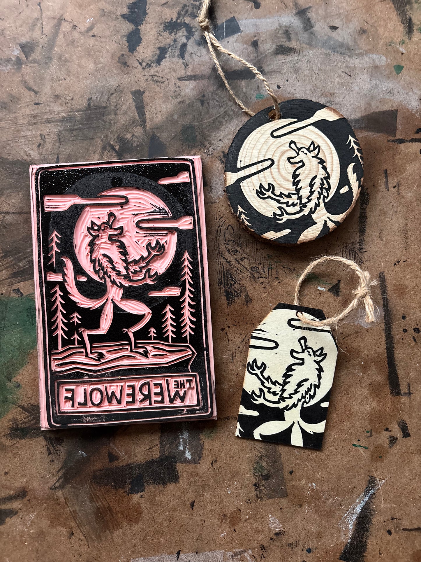 Werewolf hand printed ornaments