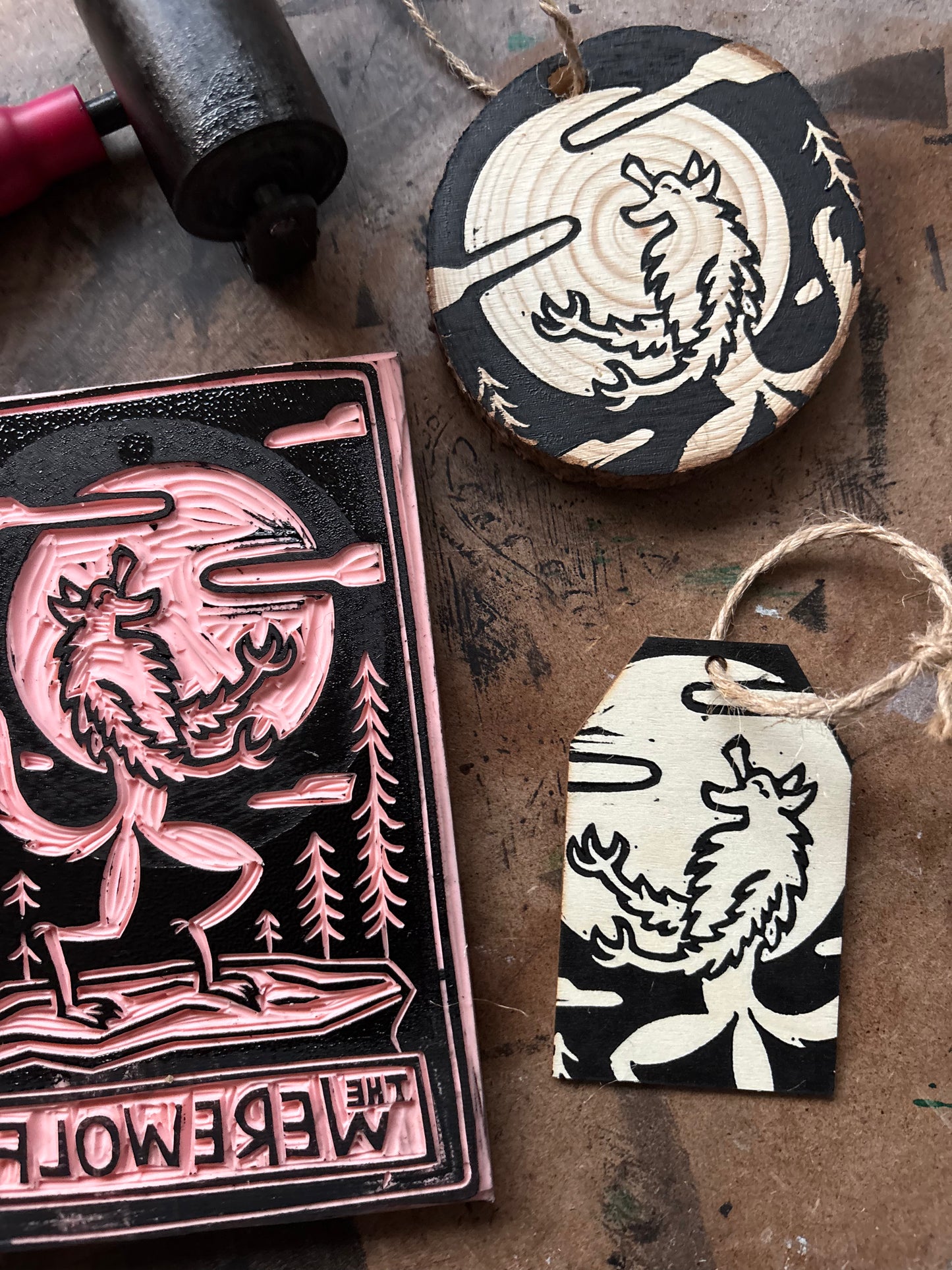 Werewolf hand printed ornaments