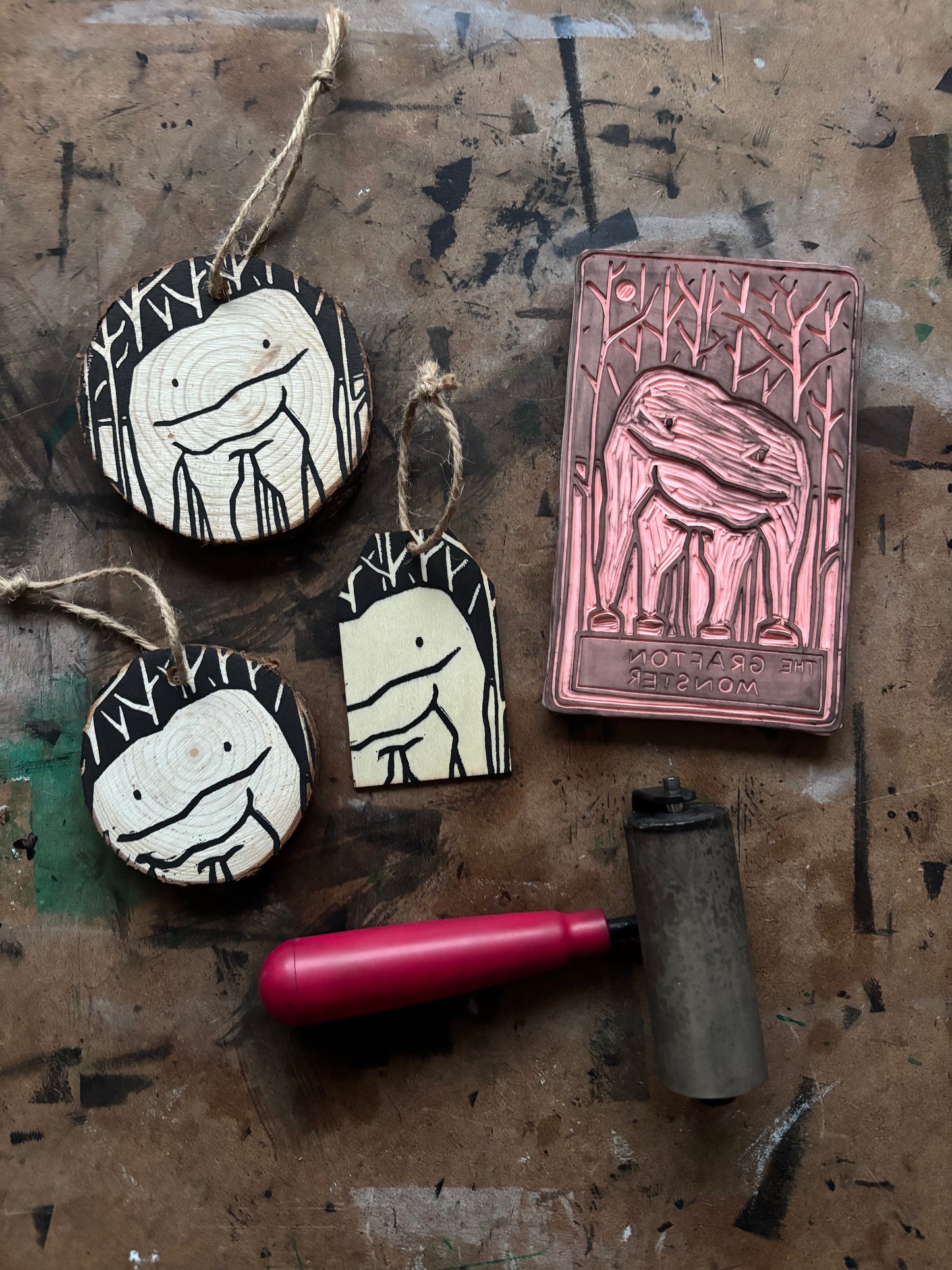 Grafton monster hand printed ornaments