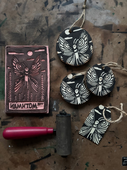 Mothman hand printed ornaments