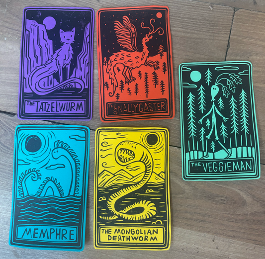 Pack of 5 hand printed tarot cryptid - colour